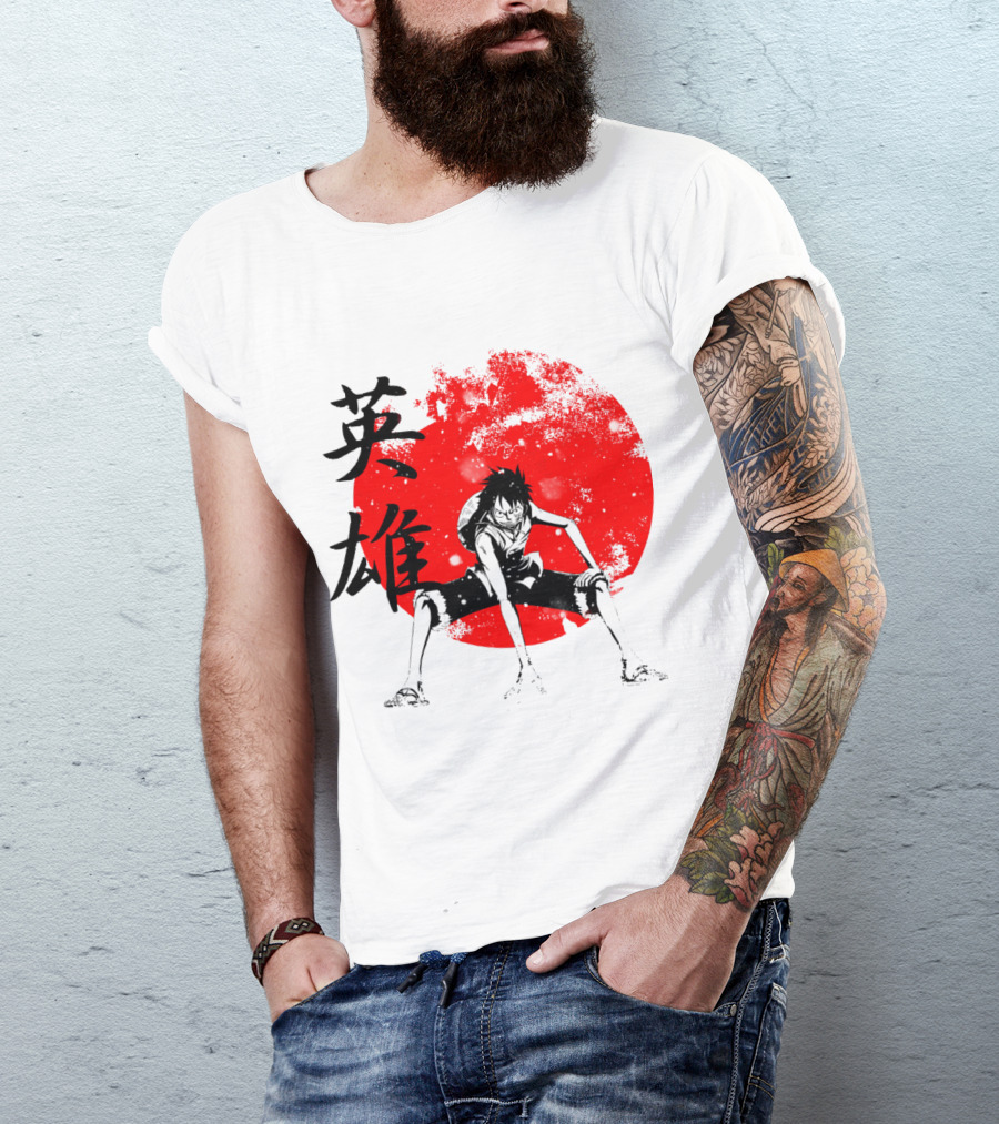 One Piece Hero Luffy Japanese Kanji Red Circle T-Shirt