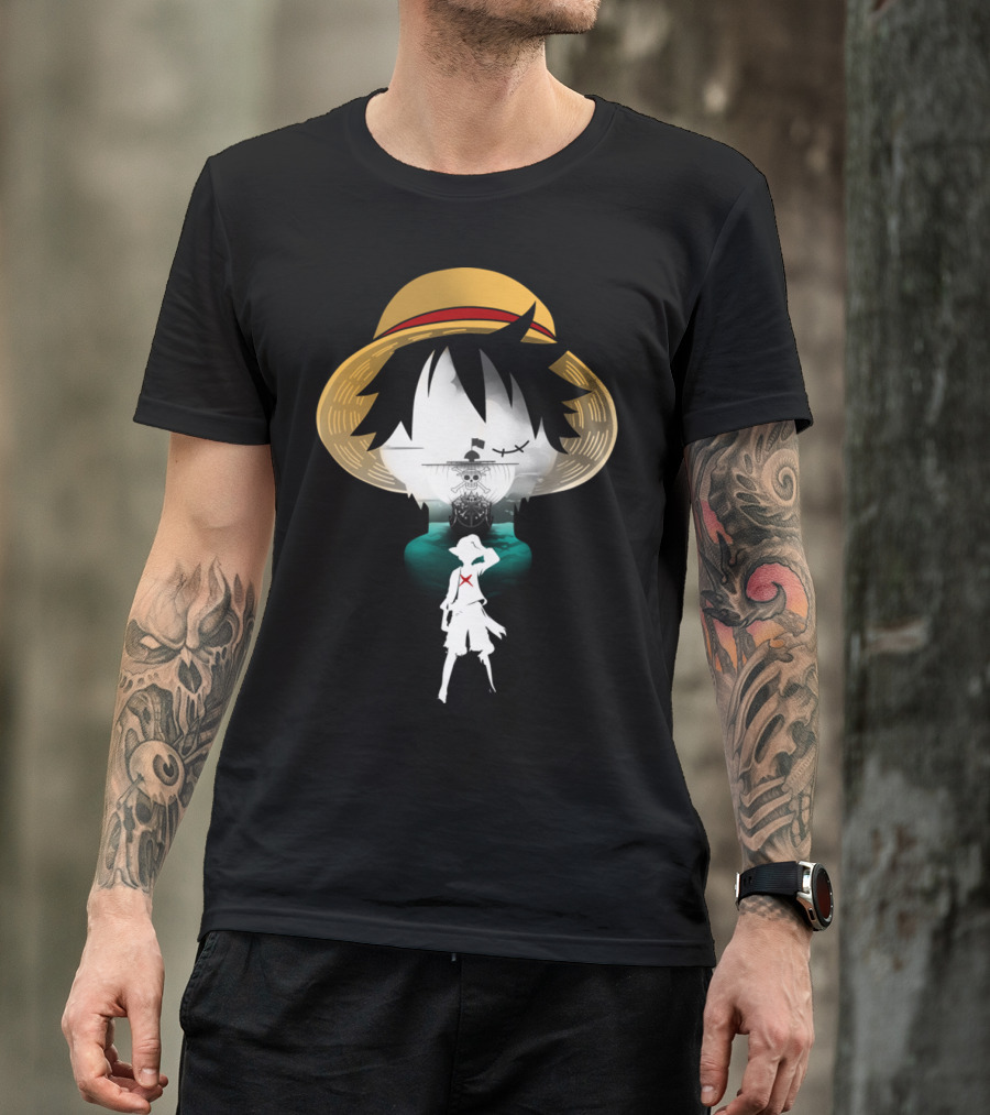 Strawhat Pirate Silhouette Design With Iconic Ship And Sea Adventure T-Shirt