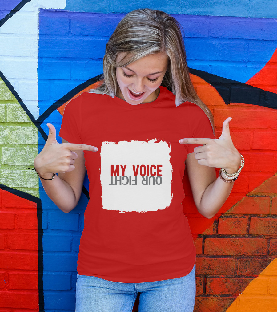 My Voice Our Fight Red And White Distressed Square T-Shirt