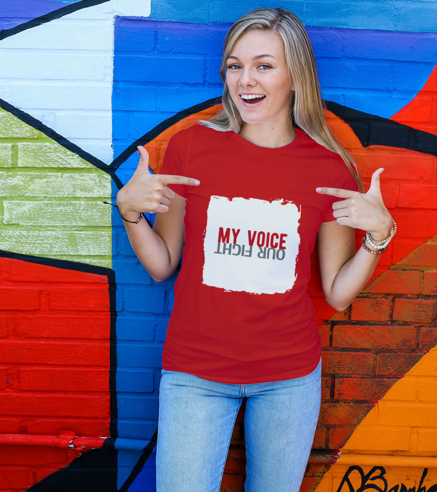 My Voice Our Fight Red And White Distressed Square T-Shirt