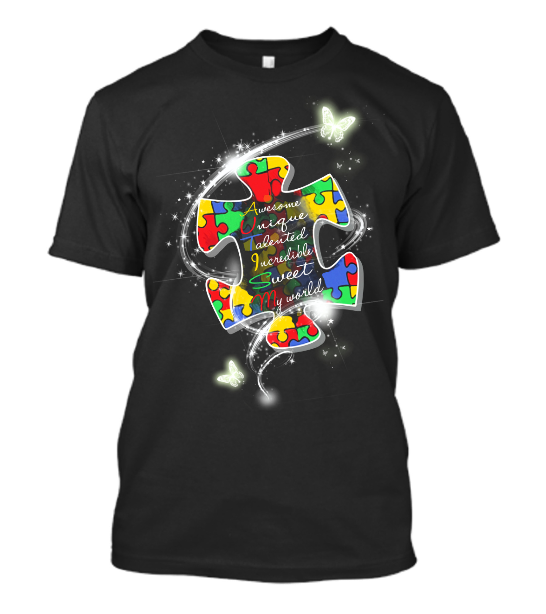 Awesome Unique Talented Incredible Sweet My World Puzzle Piece With Butterflies And Sparkles T-Shirt