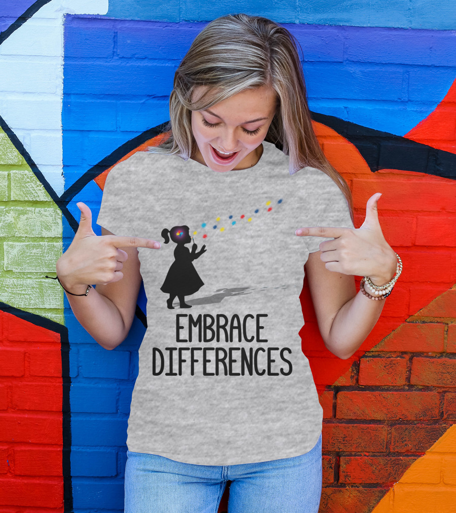 Embrace Differences Silhouette Girl With Autism Puzzle Flower And Colorful Bubbles T-Shirt