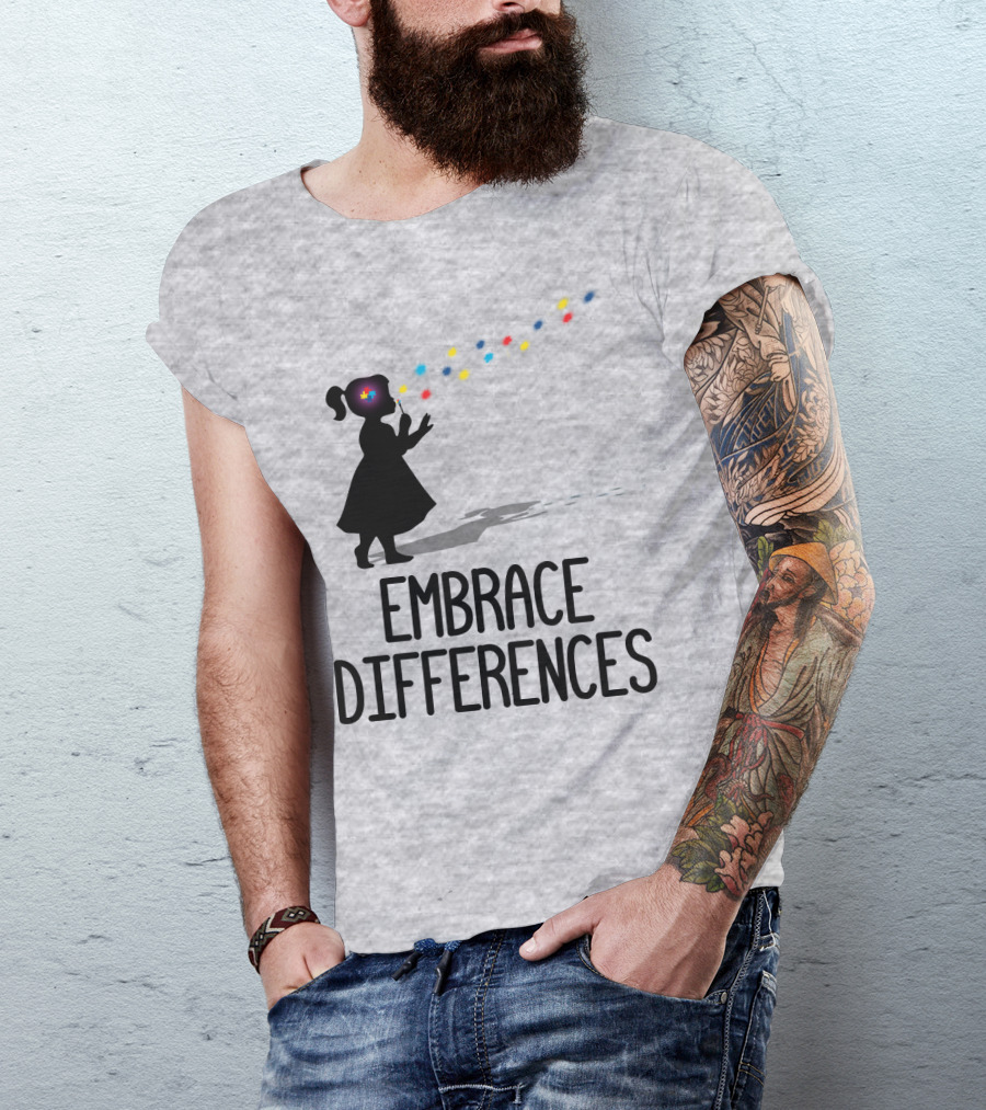 Embrace Differences Silhouette Girl With Autism Puzzle Flower And Colorful Bubbles T-Shirt