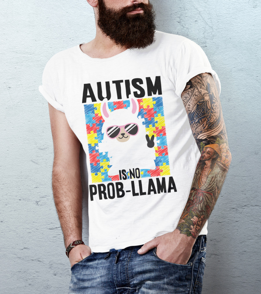 Autism Is No Prob-Llama Puzzle Pattern Sunglasses Peace Sign T-Shirt