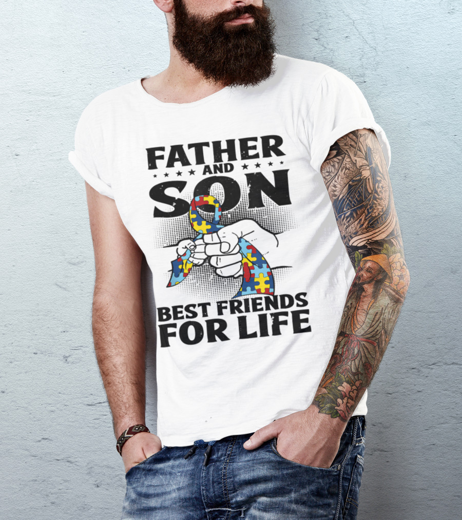 Father And Son Best Friends For Life Autism Puzzle Ribbon Fist Bump T-Shirt