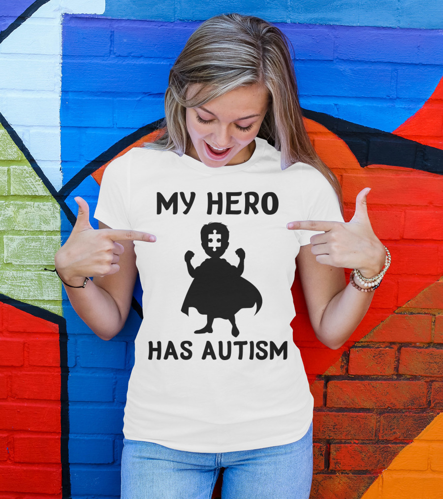 My Hero Has Autism Silhouette With Puzzle Piece Face T-Shirt