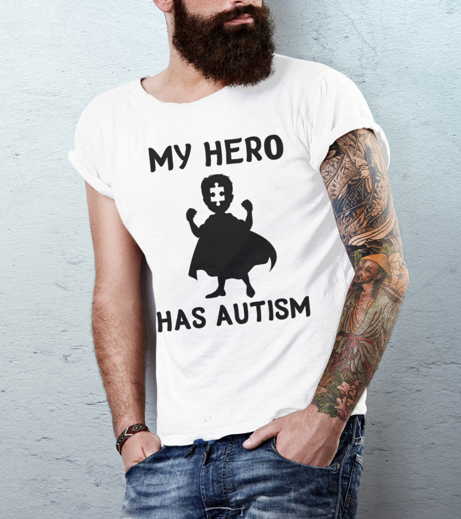 My Hero Has Autism Silhouette With Puzzle Piece Face T-Shirt