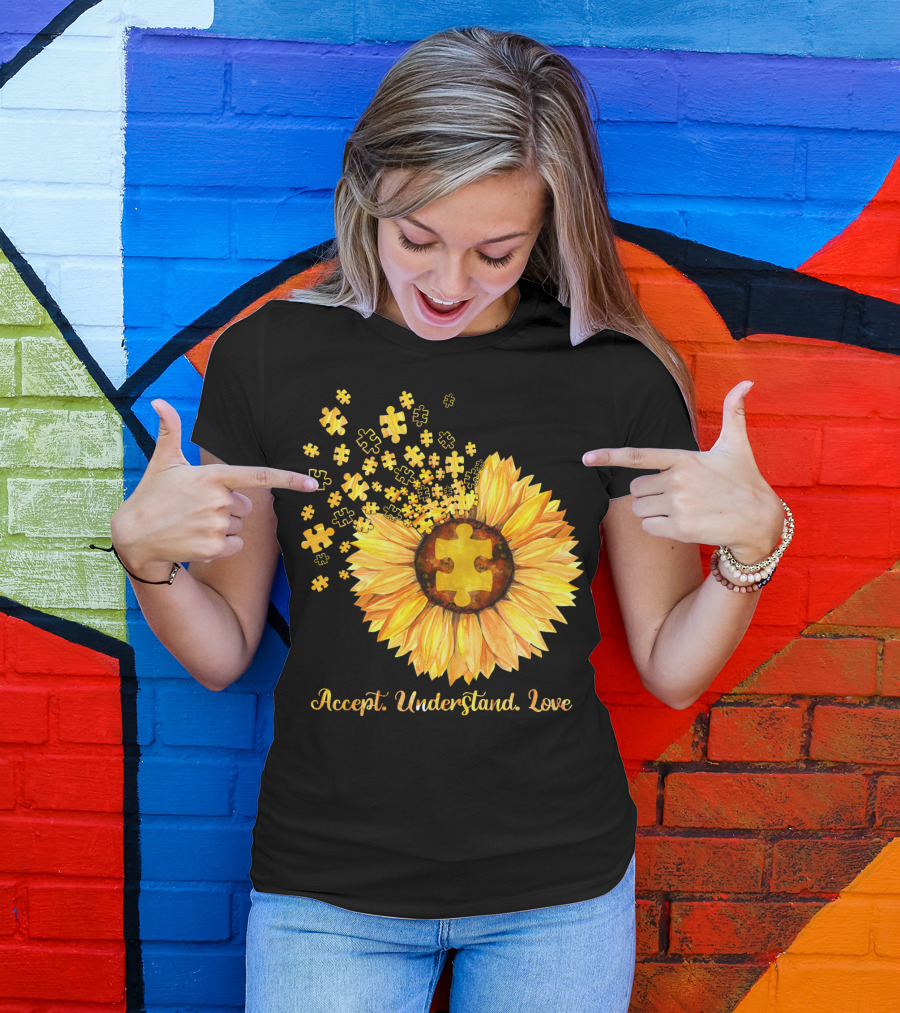 Sunflower Puzzle Pieces Accept Understand Love T-Shirt
