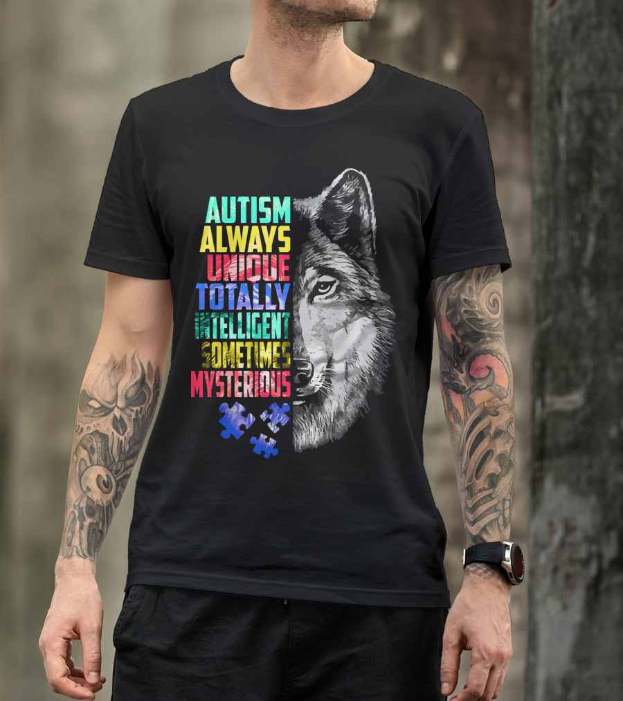 Autism Always Unique Totally Intelligent Sometimes Mysterious Wolf Puzzle T-Shirt