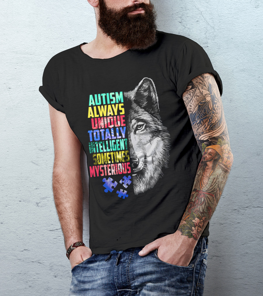 Autism Always Unique Totally Intelligent Sometimes Mysterious Wolf Puzzle T-Shirt