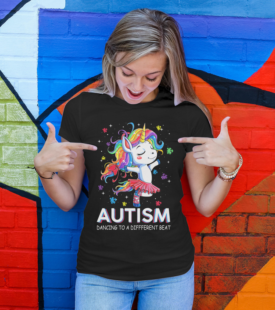Autism Dancing To A Different Beat Unicorn Puzzle Pieces Rainbow Hair T-Shirt