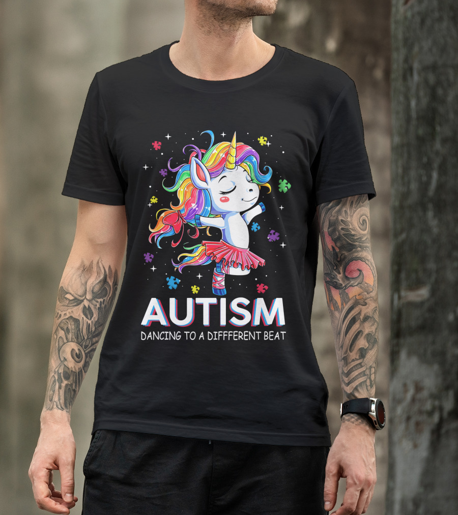Autism Dancing To A Different Beat Unicorn Puzzle Pieces Rainbow Hair T-Shirt