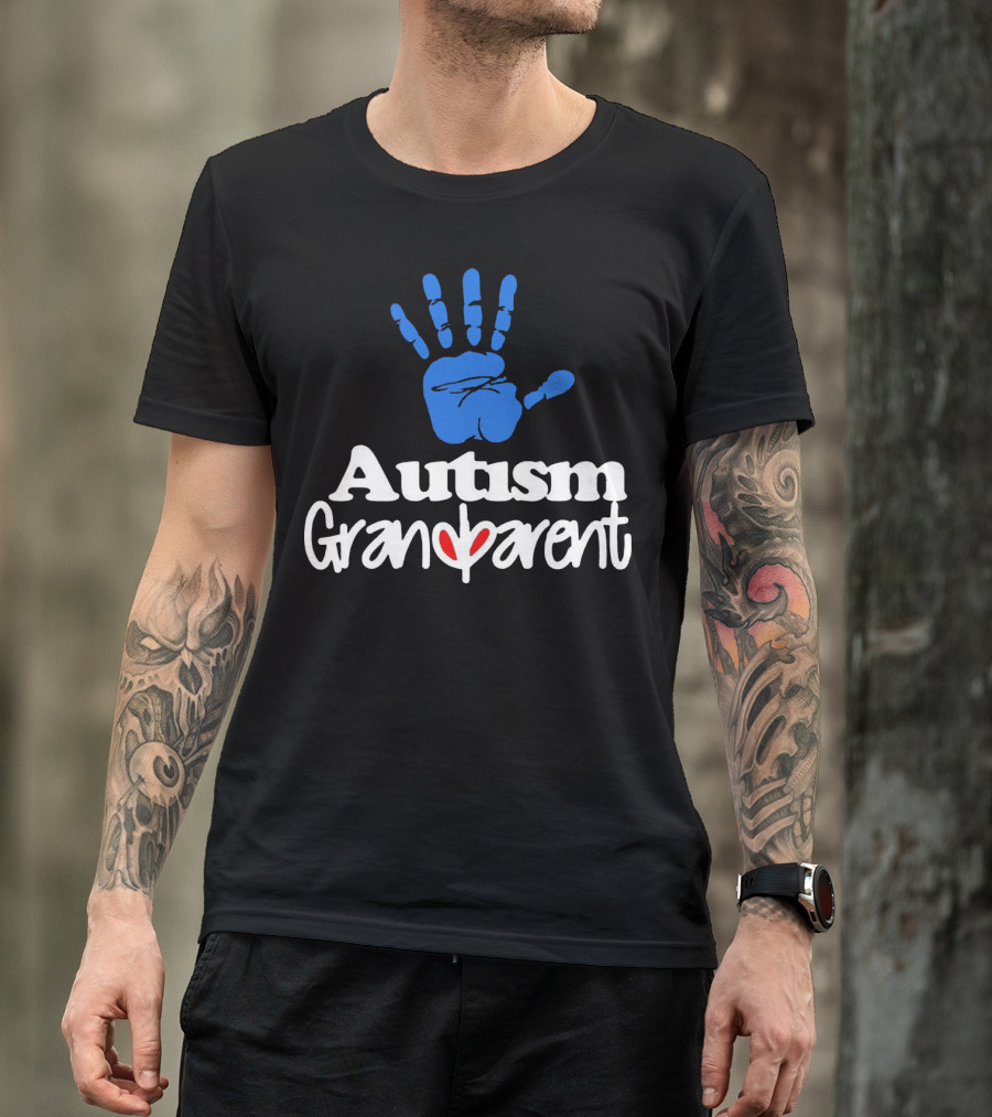 Autism Grandparent Blue Handprint Red Heart Inclusion T-Shirt