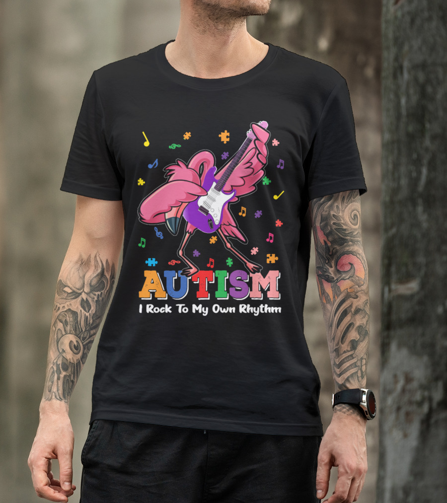 Autism I Rock To My Own Rhythm Flamingo With Guitar And Puzzle Pieces T-Shirt