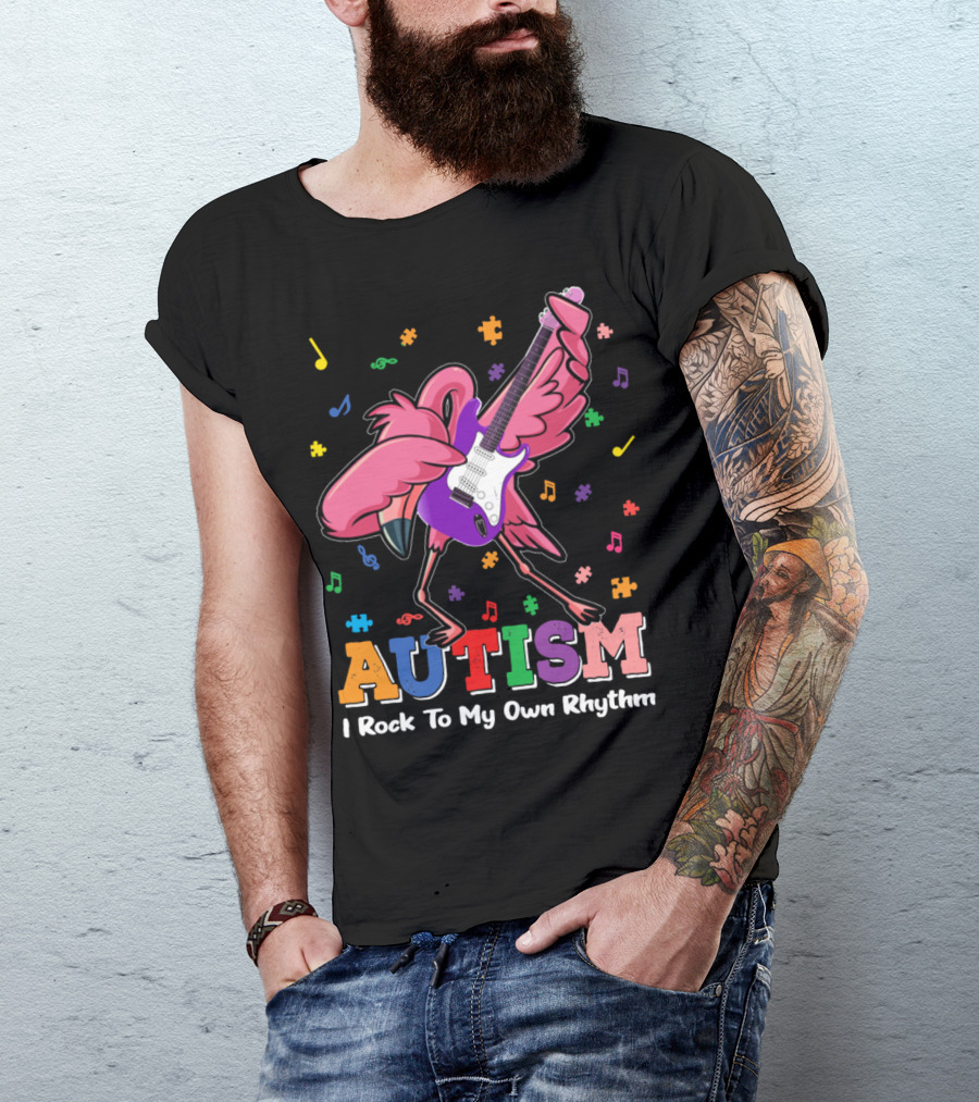 Autism I Rock To My Own Rhythm Flamingo With Guitar And Puzzle Pieces T-Shirt