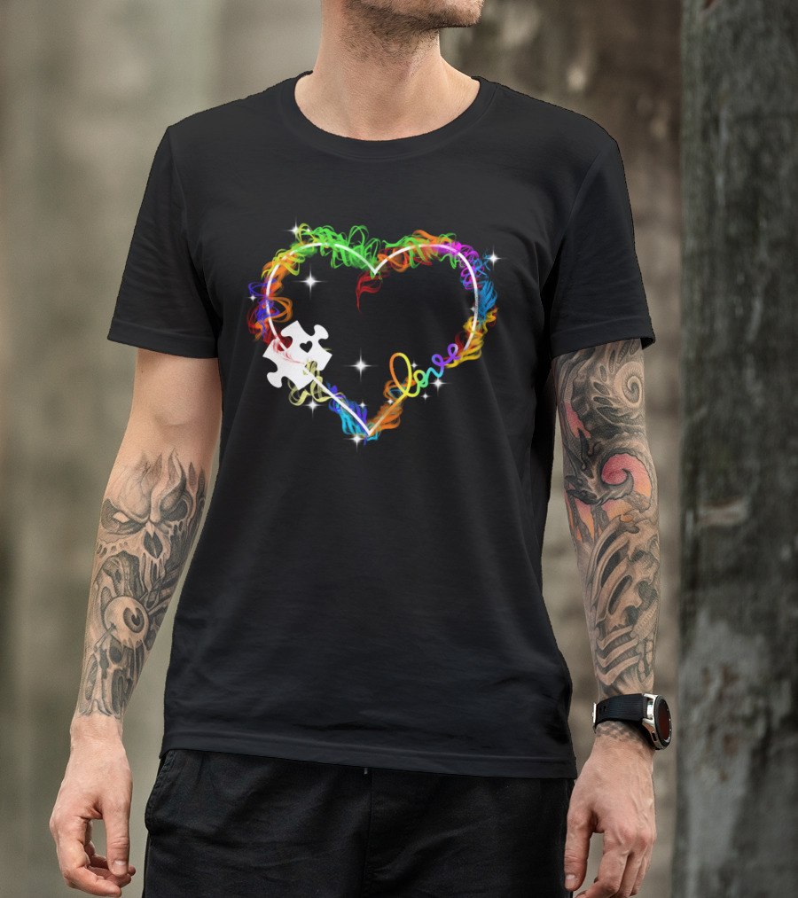Love Heart Rainbow Puzzle Autism T-Shirt