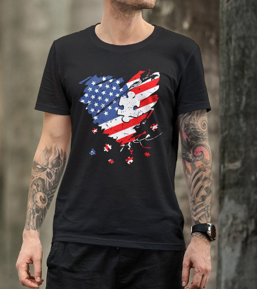 Autism USA Puzzle Heart Flag T-Shirt