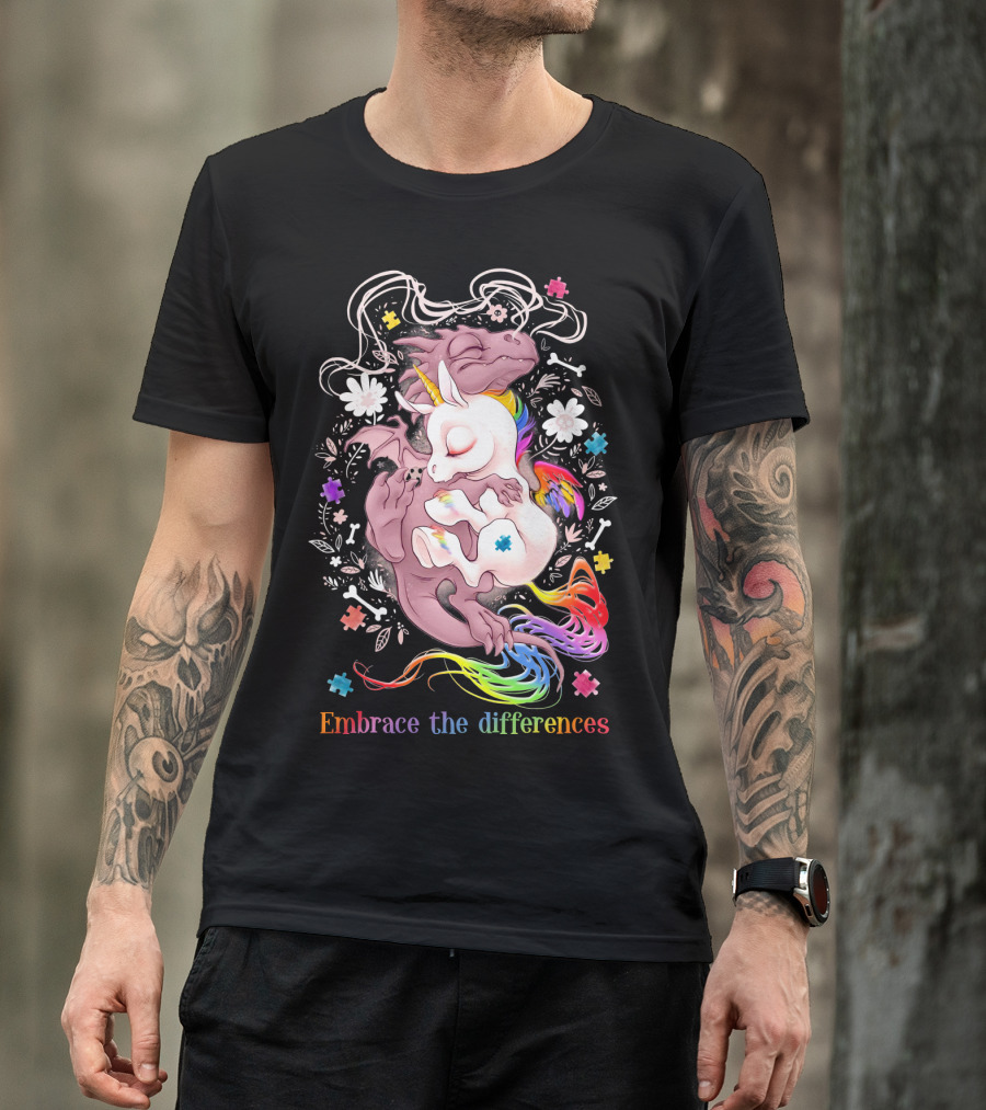 Embrace The Differences Unicorn And Dragon Rainbow Puzzle Flowers T-Shirt