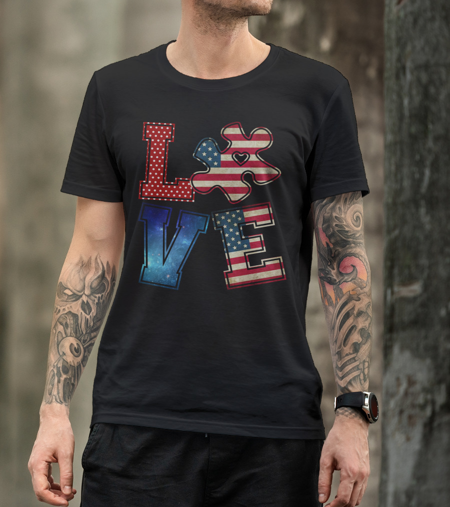 Love Needs No Words Galaxy Stars And Stripes Puzzle Piece T-Shirt
