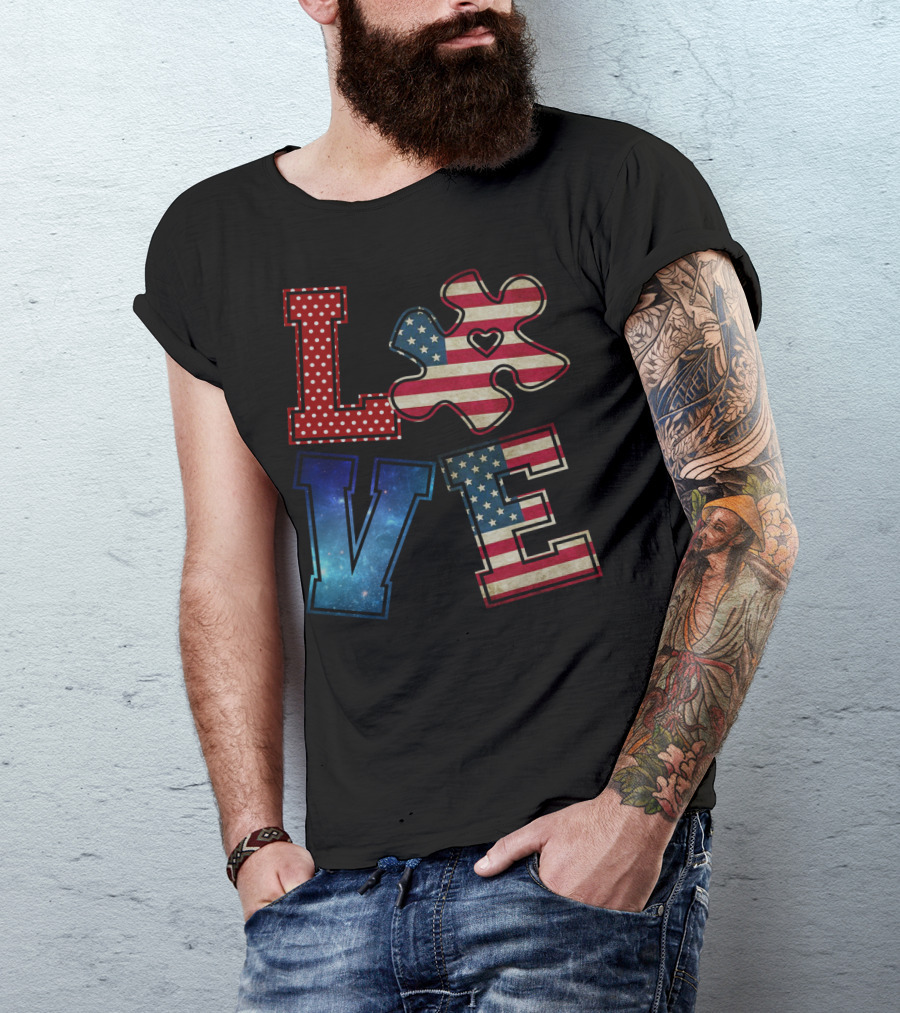 Love Needs No Words Galaxy Stars And Stripes Puzzle Piece T-Shirt