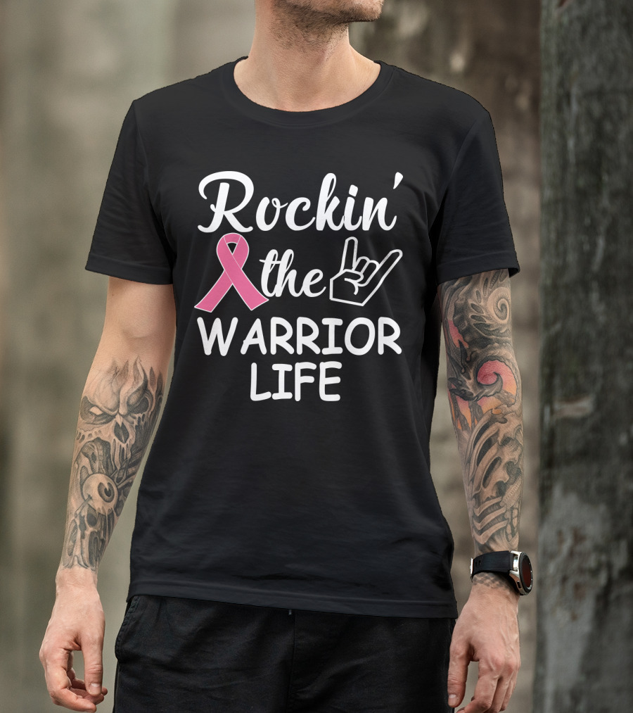 Rockin' The Warrior Life Pink Ribbon Rock Hand T-Shirt