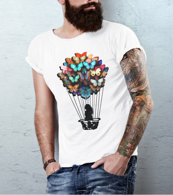 Butterfly BU01 Hot Air Balloon Silhouette With Colorful Wings T-Shirt