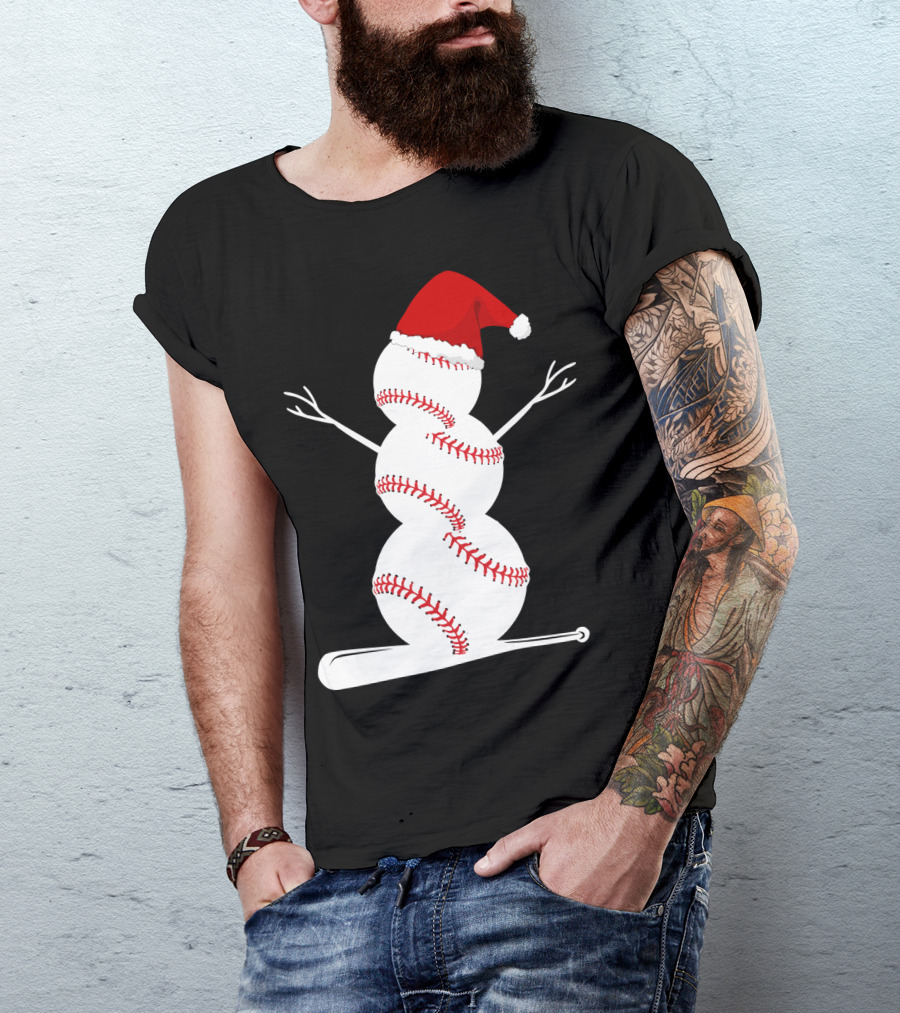 Baseball Snowman Santa Hat Bat Christmas BA01 T-Shirt