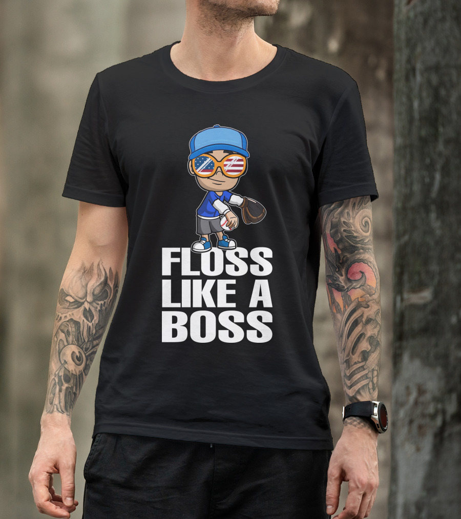 Floss Like A Boss Baseball Player American Flag Sunglasses T-Shirt