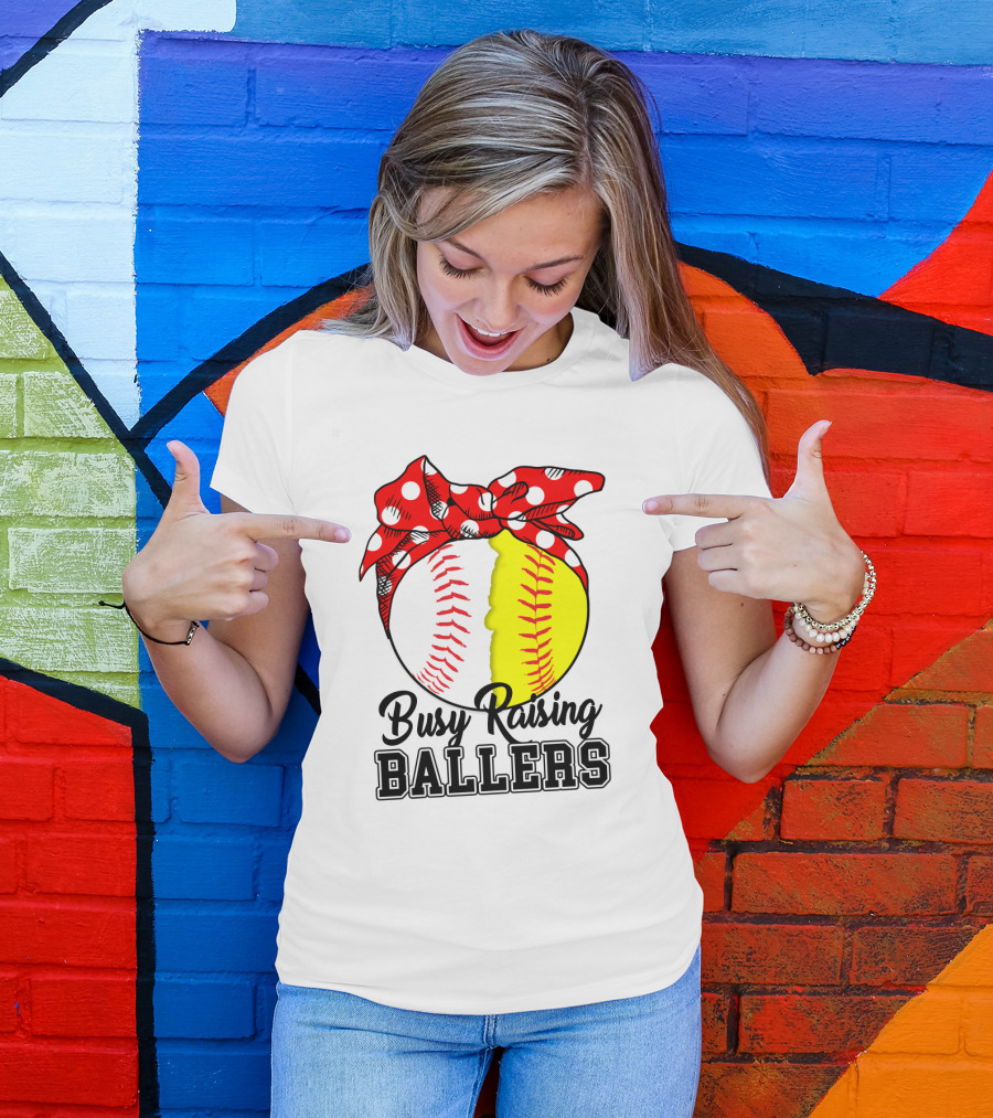 Busy Raising BALLERS Softball Baseball Polka Dot Bandana T-Shirt