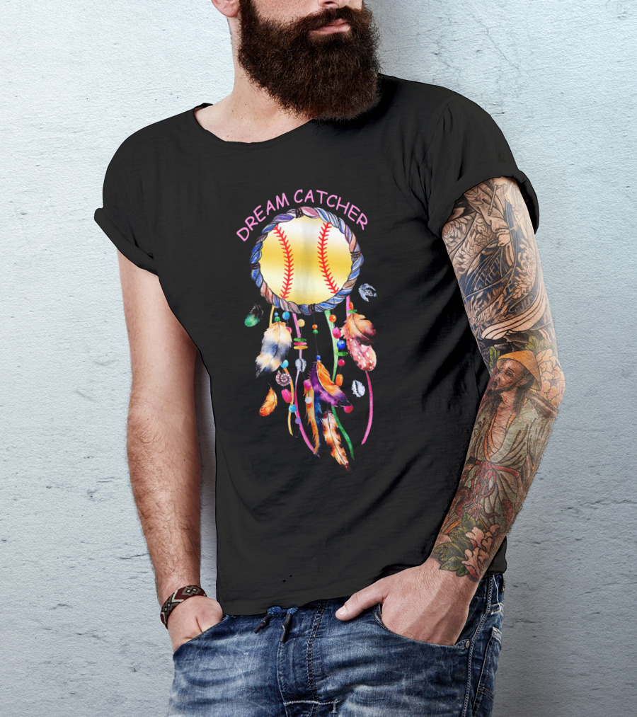 Dream Catcher Softball With Feather And Bead Accents T-Shirt