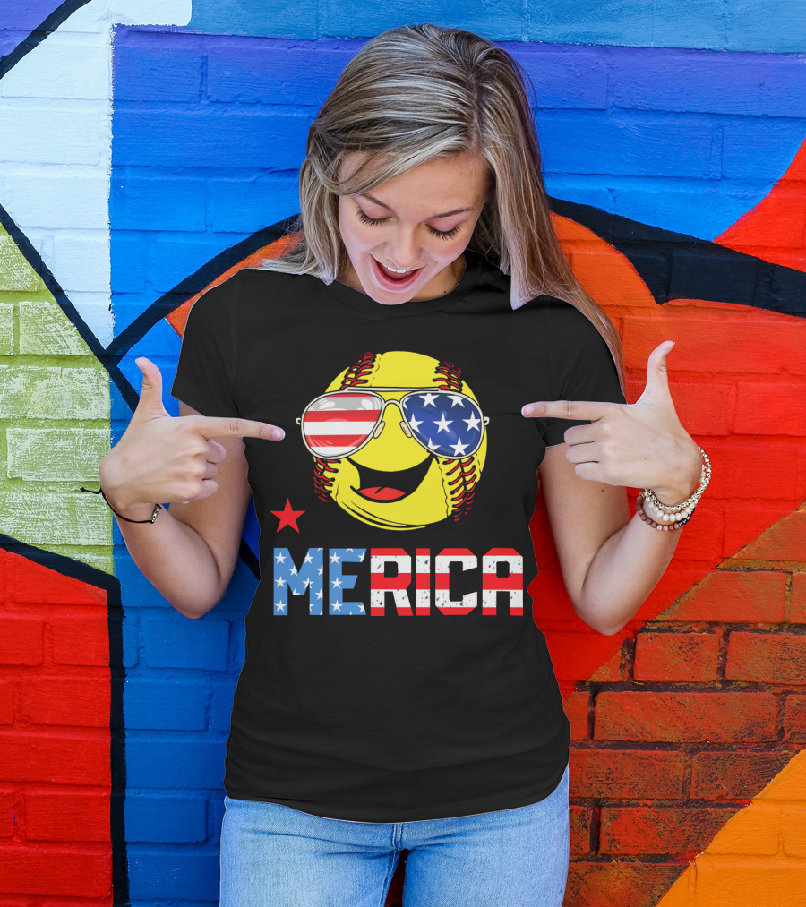 Softball MERICA Smiling Baseball With American Flag Sunglasses T-Shirt