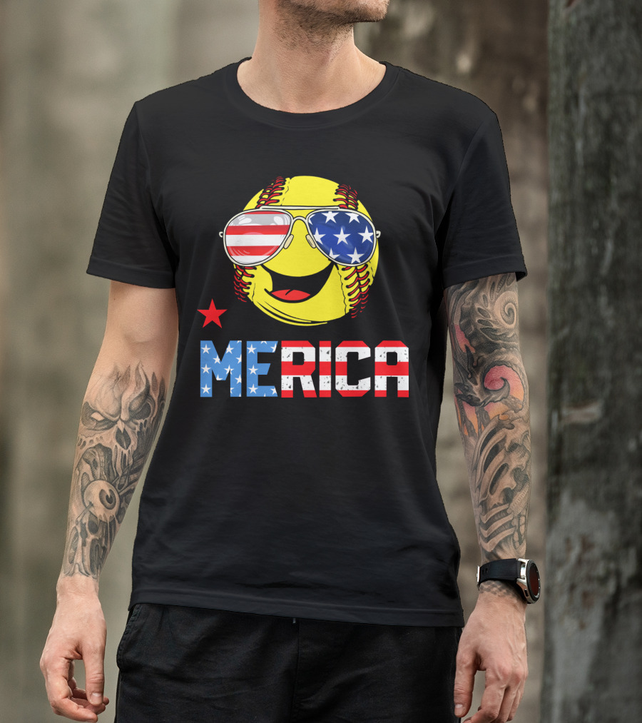 Softball MERICA Smiling Baseball With American Flag Sunglasses T-Shirt