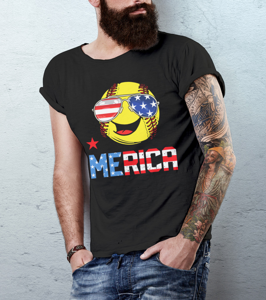 Softball MERICA Smiling Baseball With American Flag Sunglasses T-Shirt