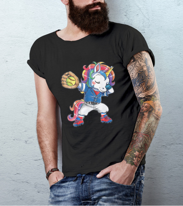 Unicorn Dabbing Rainbow Softball Player Catching Glove T-Shirt