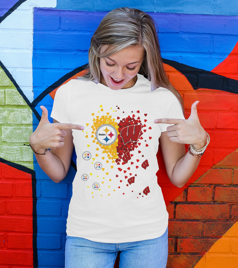 Steelers Logo And University Of Wisconsin Badgers Heart Design Featuring Yellow And Red Hearts T-Shirt