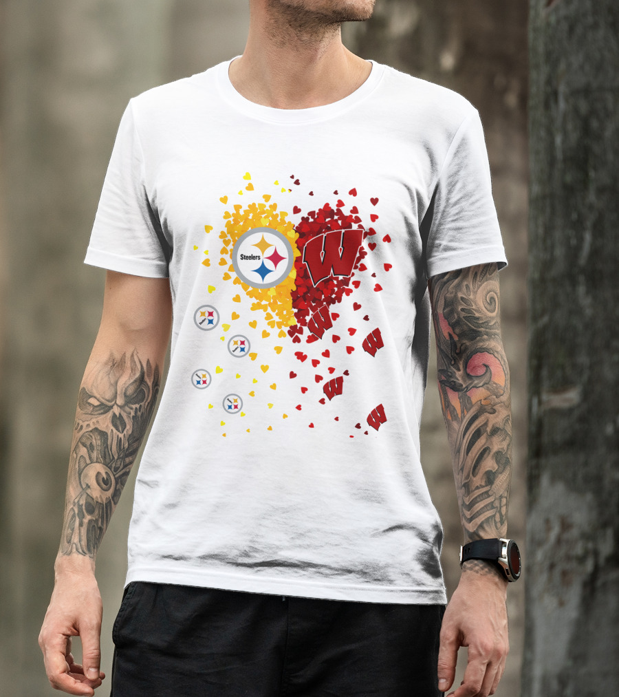 Steelers Logo And University Of Wisconsin Badgers Heart Design Featuring Yellow And Red Hearts T-Shirt