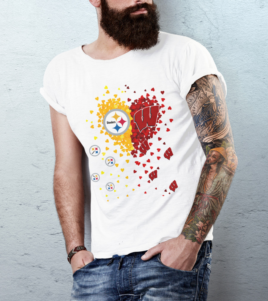 Steelers Logo And University Of Wisconsin Badgers Heart Design Featuring Yellow And Red Hearts T-Shirt