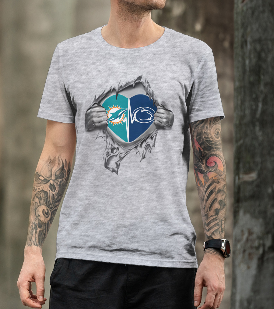Miami Dolphins Penn State Split Heart Torn Ripped Chest T-Shirt