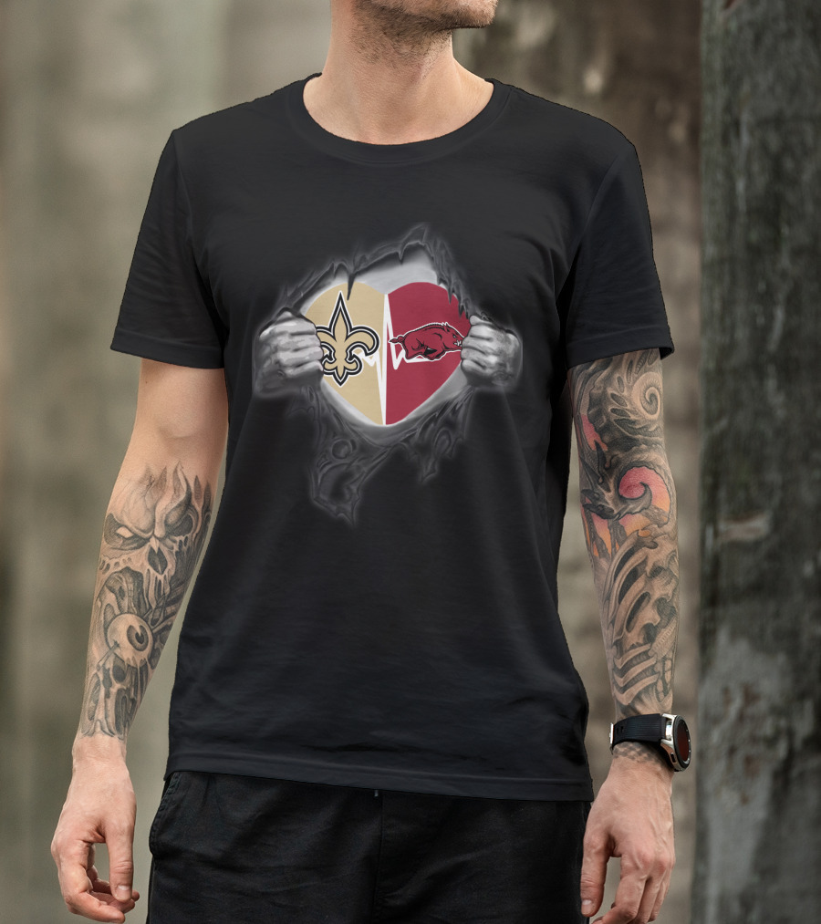 New Orleans Saints Arkansas Razorbacks Heartbeat Loyalty Fan Crossover T-Shirt