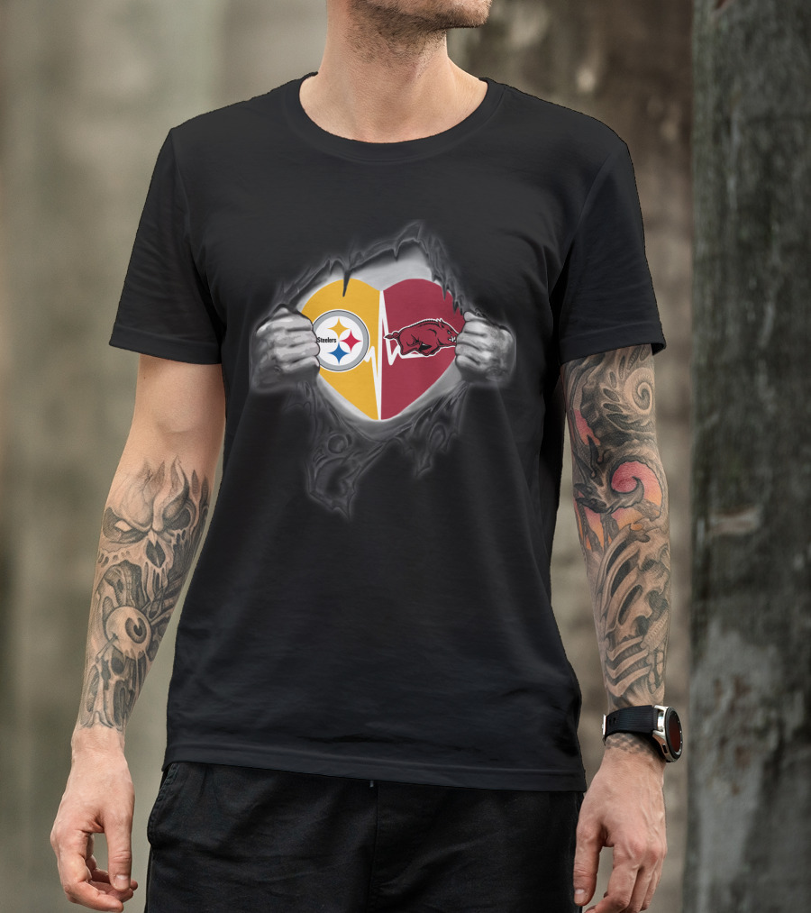 Pittsburgh Steelers Arkansas Razorbacks Heart Logo Fan Crossover T-Shirt