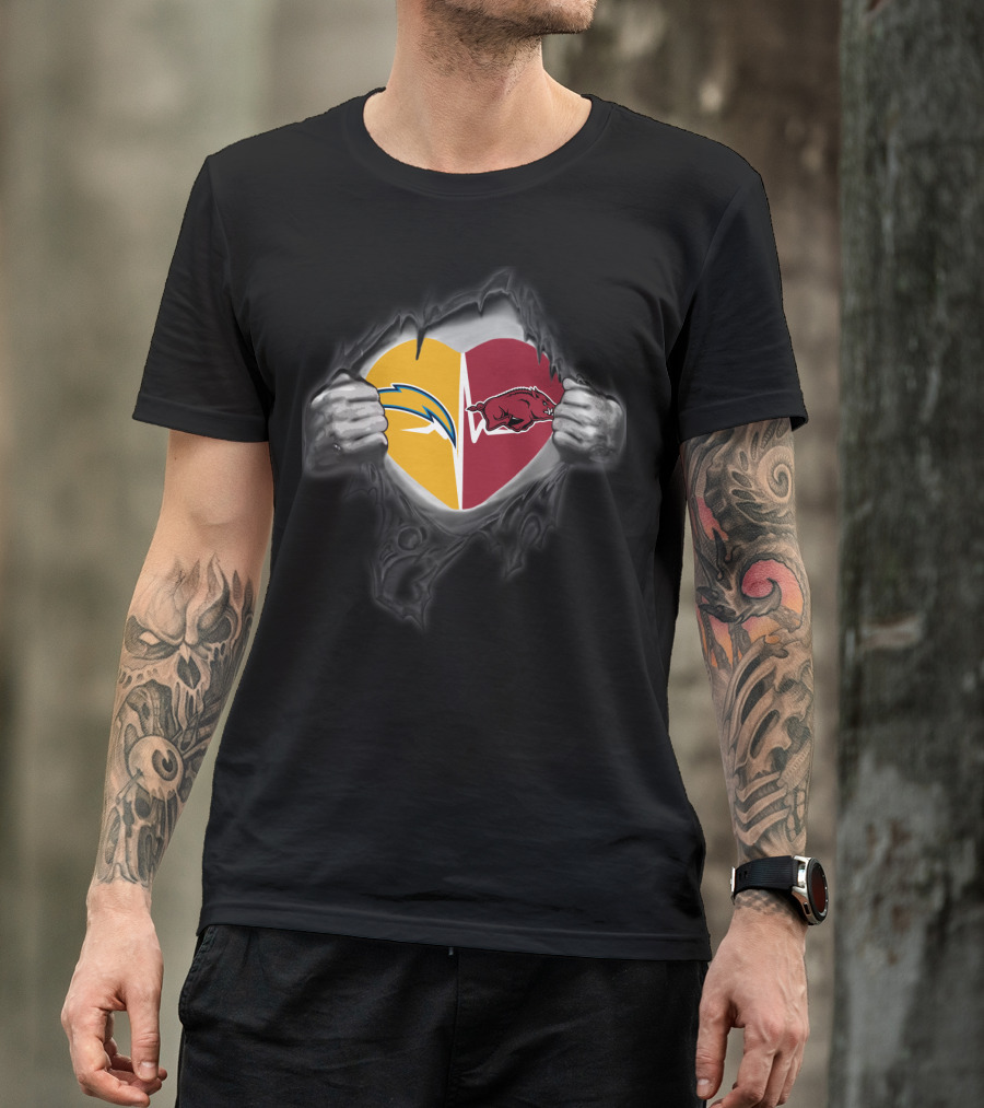 Los Angeles Chargers Arkansas Razorbacks Heart Tear Logo Fusion T-Shirt