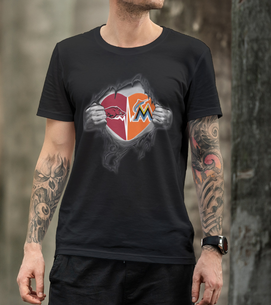 Arkansas Razorbacks Miami Marlins Heart Rip T-Shirt