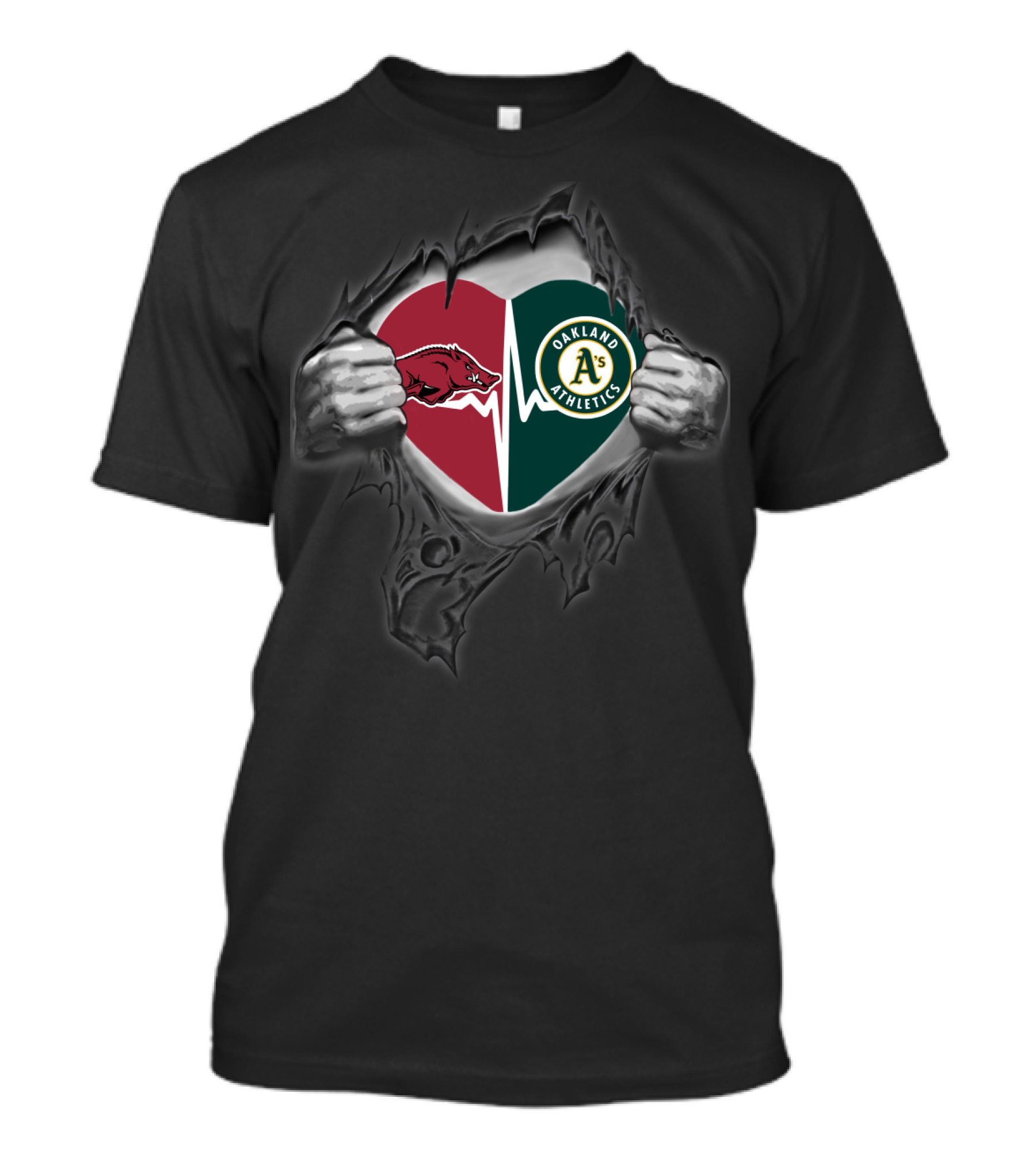 Arkansas Razorbacks Heart Oakland Athletics Split Hands T-Shirt