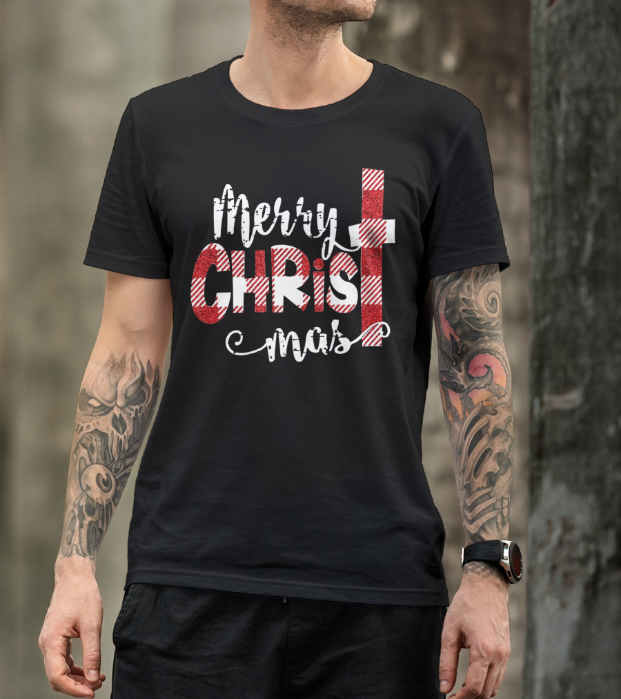 Merry Christ Mas Striped Cross Red Glitter T-Shirt