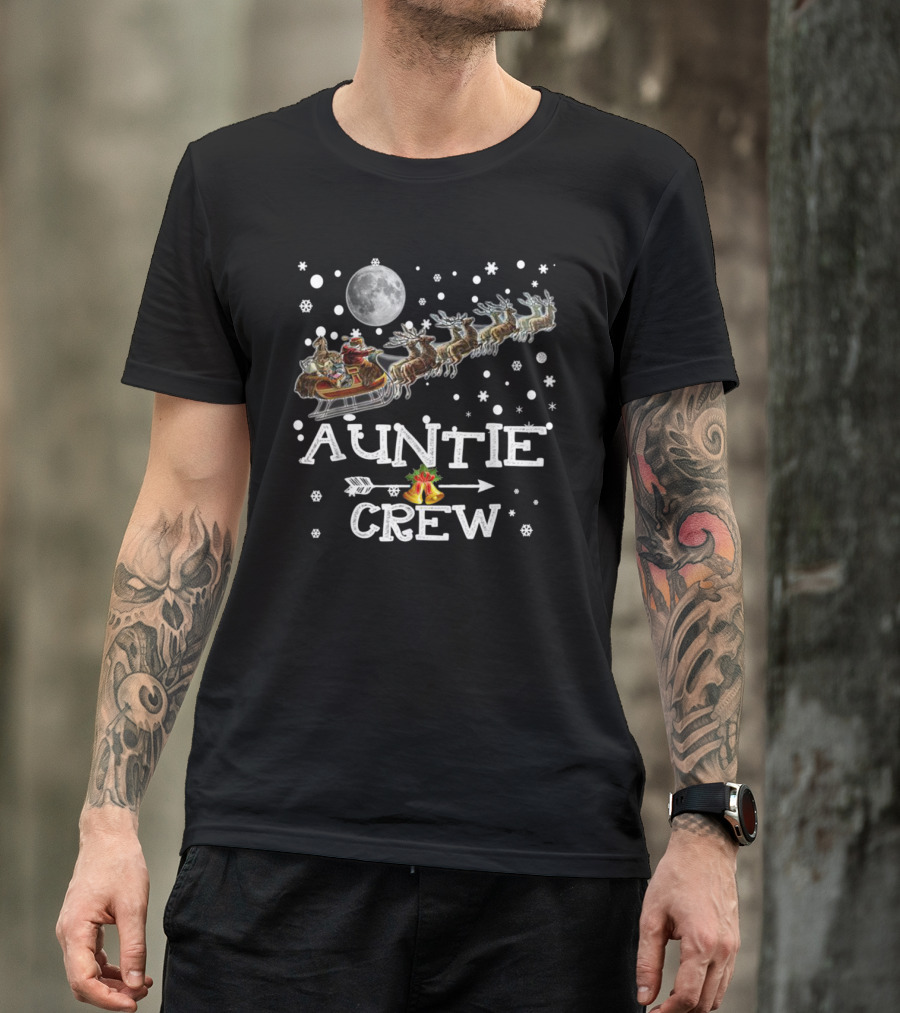Auntie Crew Santa Reindeer Sleigh Under Full Moon T-Shirt
