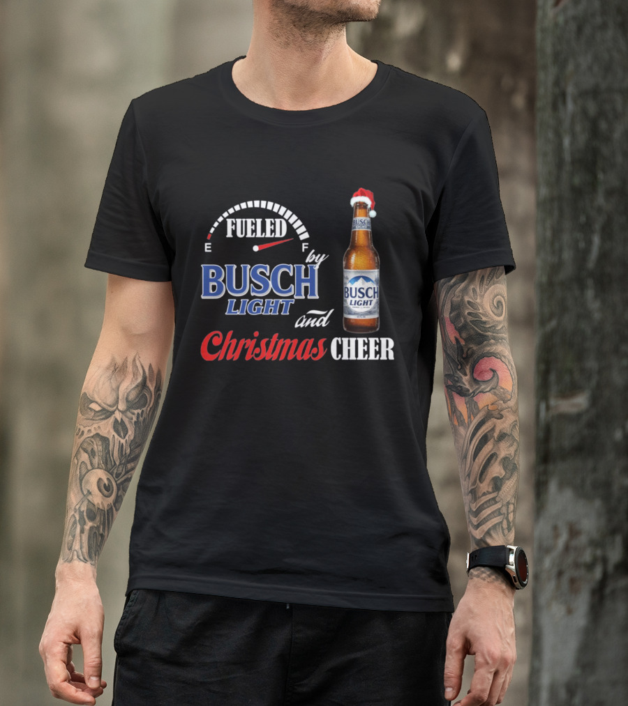 Fueled By Busch Light Christmas Cheer Beer Bottle Santa Hat T-Shirt