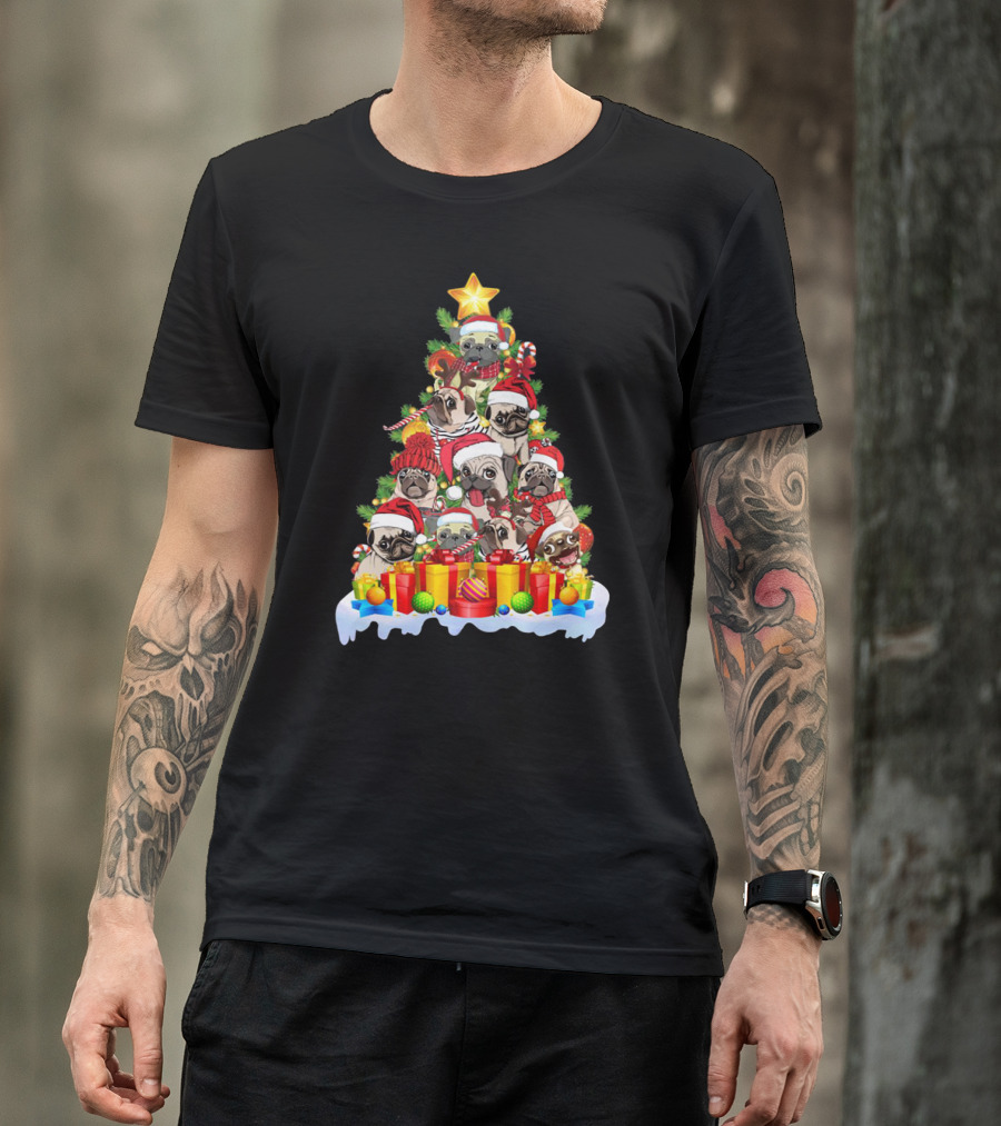 Pug Christmas Tree With Santa Hats And Presents T-Shirt