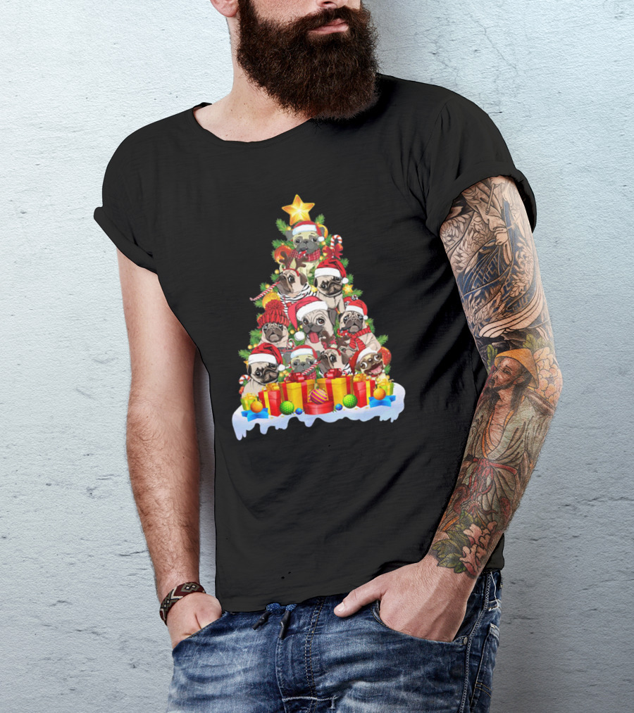 Pug Christmas Tree With Santa Hats And Presents T-Shirt