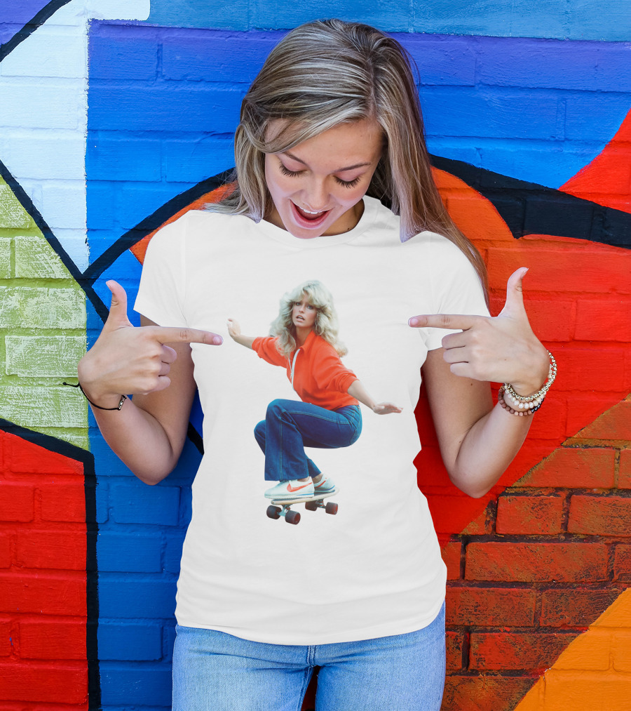Farrah Fawcett Iconic Skateboarding Pose In Red Sweater And Sneakers T-Shirt