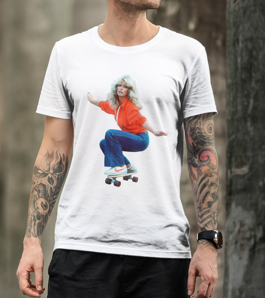 Farrah Fawcett Iconic Skateboarding Pose In Red Sweater And Sneakers T-Shirt